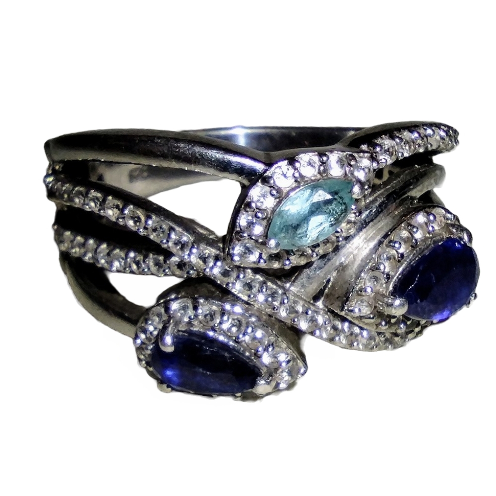 Sterling Silver Ring STS 925 Chuck Clemency Blue Crystals size 9-10